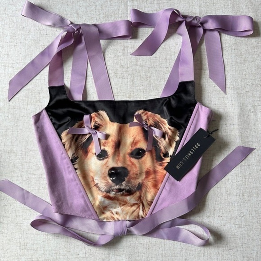 NWT Dolls Kill Glamour Hound Corset Top Generation Kiss XS | Dog Print Ribbon